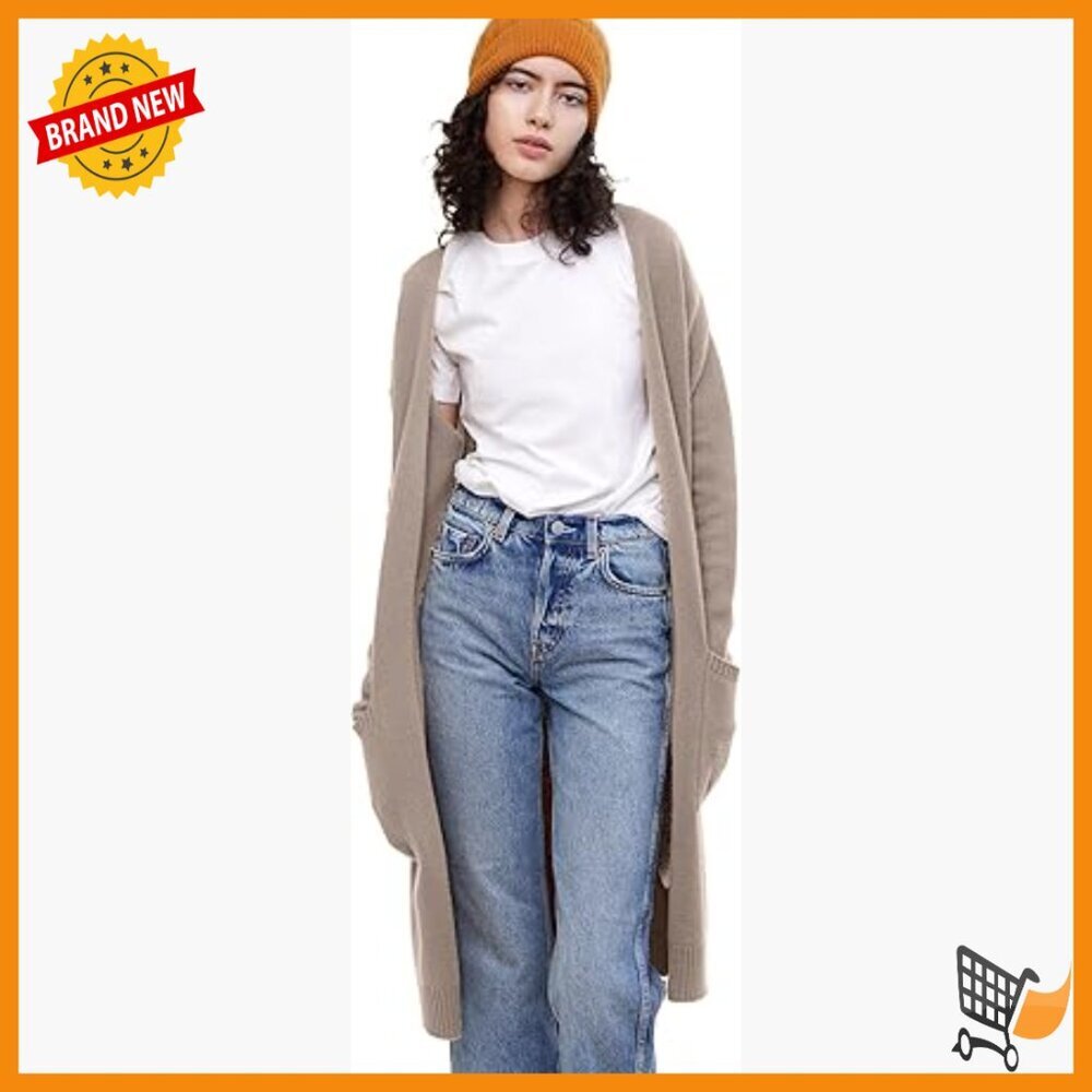 Long Cashmere Cardigan with Pockets, Regular Fit, Crew Neck, Open Front